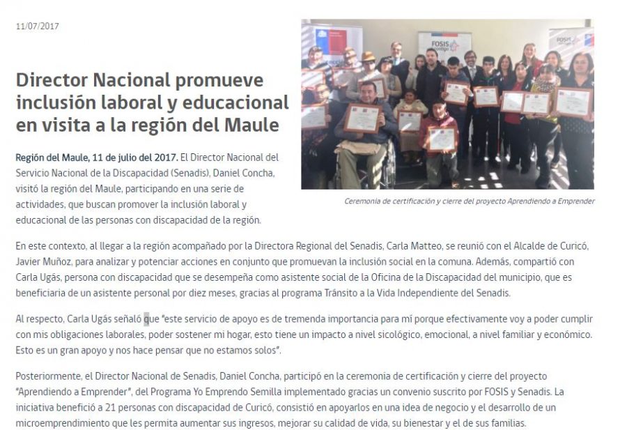 11 de julio en Senadis: “Director Nacional promueve inclusión laboral y educacional en visita a la región del Maule”