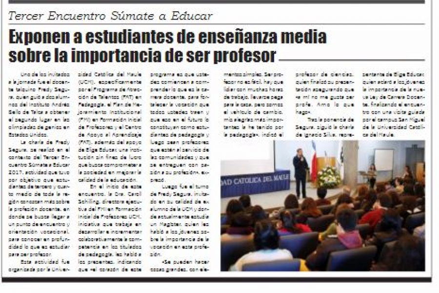 02 de septiembre en Diario El Lector: “Exponen a estudiantes de enseñanza media sobre la importancia de ser profesor”