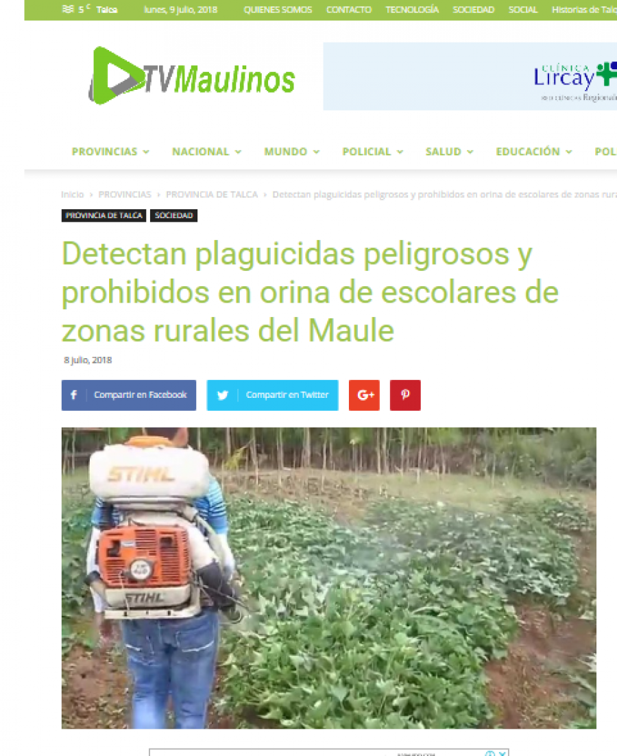 08 de julio en TV Maulinos: “Detectan plaguicidas peligrosos y prohibidos en orina de escolares de zonas rurales del Maule”