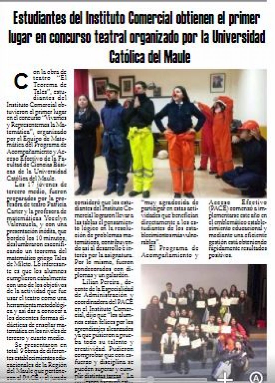 24 de junio en Diario El Heraldo: “Estudiantes del Instituto Comercial obtienen el primer lugar en concurso teatral organizado por la Universidad Católica del Maule”
