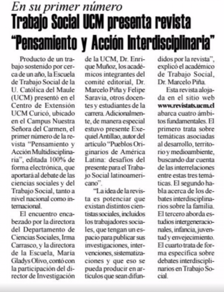 05 de enero 2017 en Diario El Heraldo: “Trabajo Social UCM presente Revista “Pensamiento y Acción Interdisciplinaria”