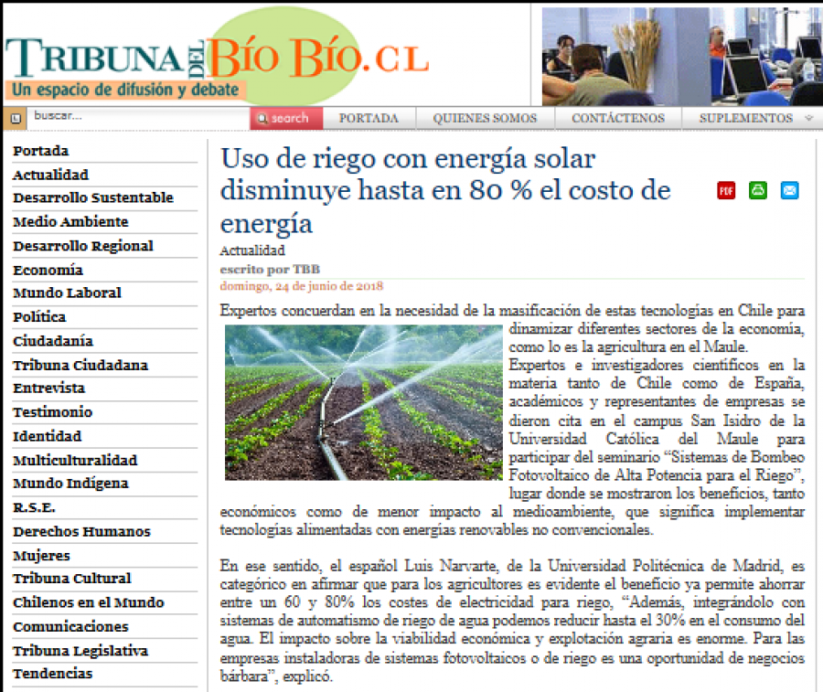 25 de junio en Tribuna del Bio Bio: “Uso de riego con energía solar disminuye hasta en 80 % el costo de energía”
