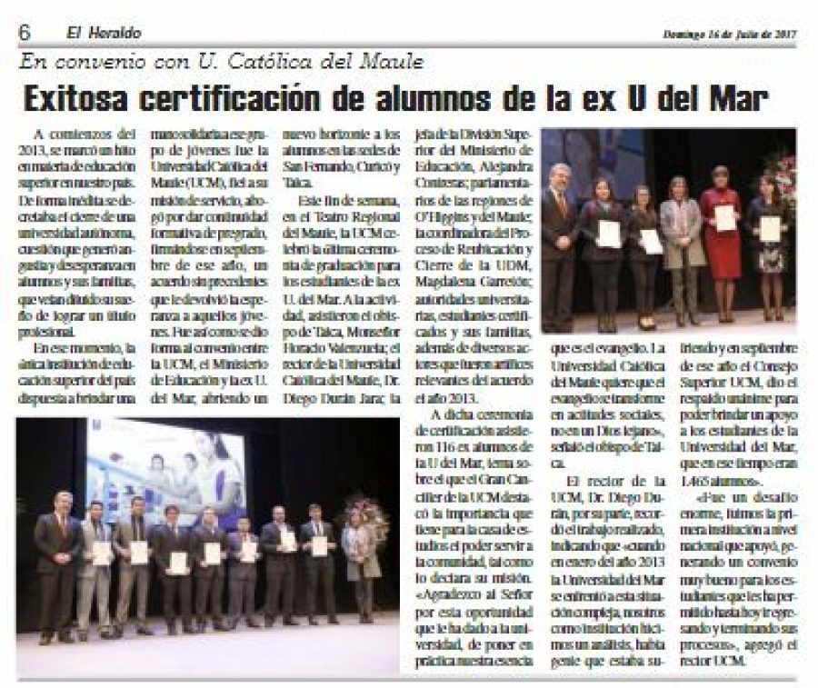 16 de julio en Diario El Heraldo: “Exitosa certificación de alumnos de la ex U. del Mar”