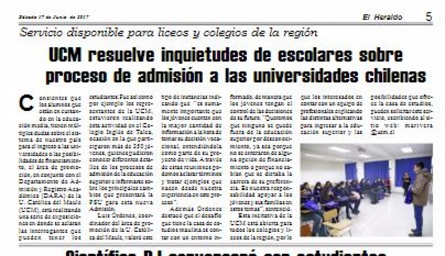 17 de junio en Diario El Heraldo: “UCM resulve inquietudes de escolares sobre proceso de admisión a las universidades chilenas”