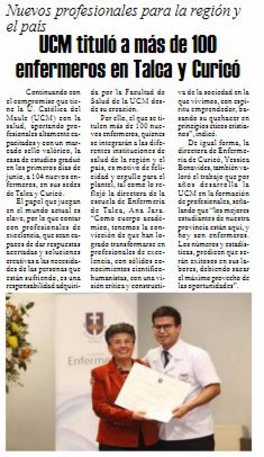 14 de junio en Diario El Heraldo: “UCM tituló a más de 100 enfermeros en Talca y Curicó”
