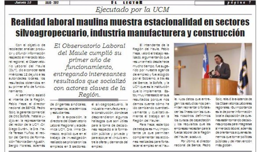 13 de julio en Diario El Lector: “Realidad laboral maulina muestra estacionalidad en sectores silvoagropecuario, industria manufacturera y construcción”