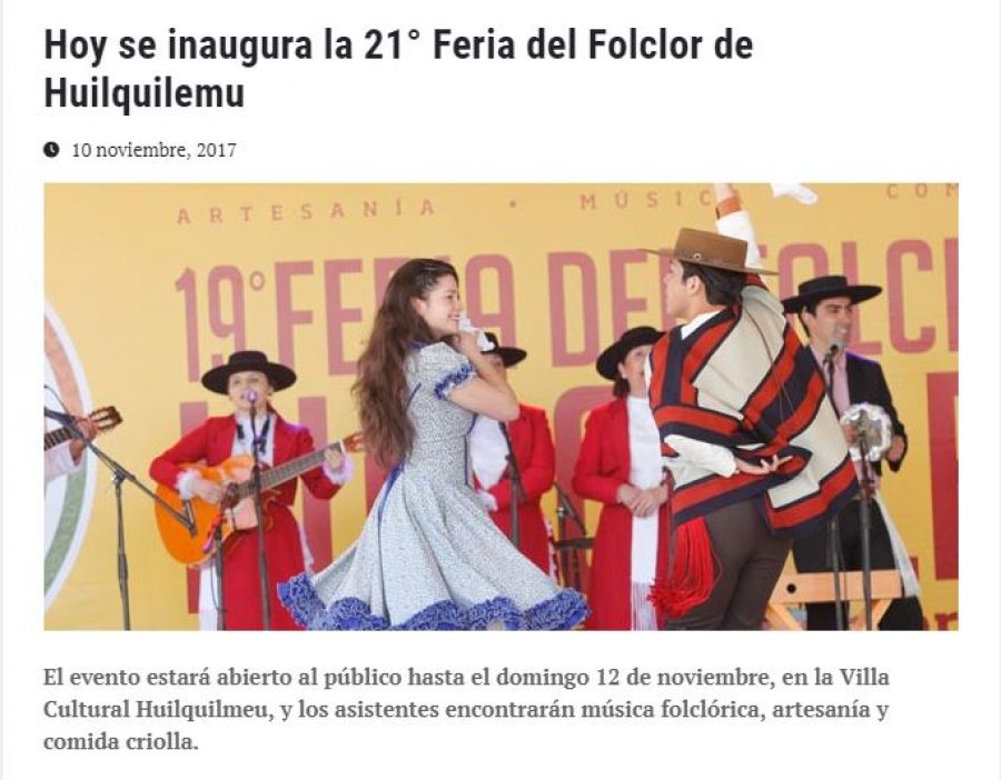 10 de noviembre en Universia: “Hoy se inaugura la 21° Feria del Folclor de Huilquilemu”