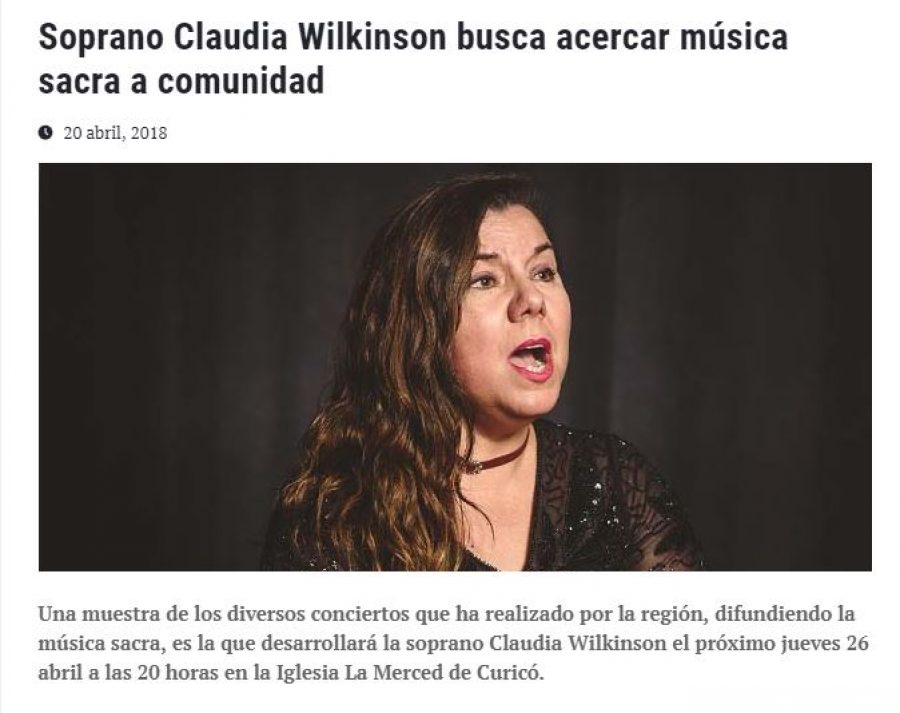 20 de abril en Universia: “Soprano Claudia Wilkinson busca acercar música sacra a comunidad”