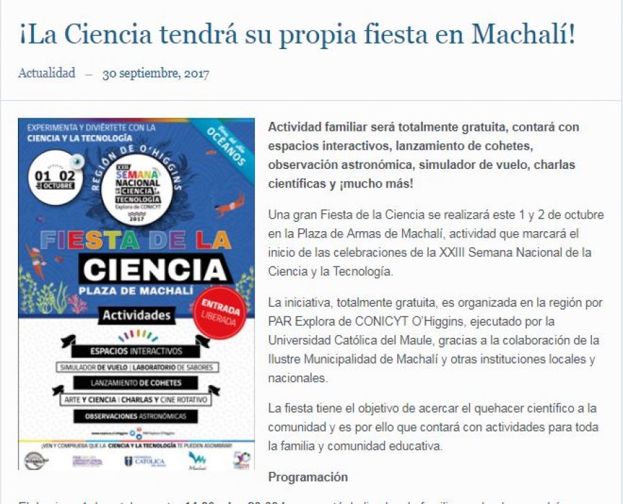 30 de septiembre en Urbano Rural: “¡La Ciencia tendrá su propia fiesta en Machalí!”