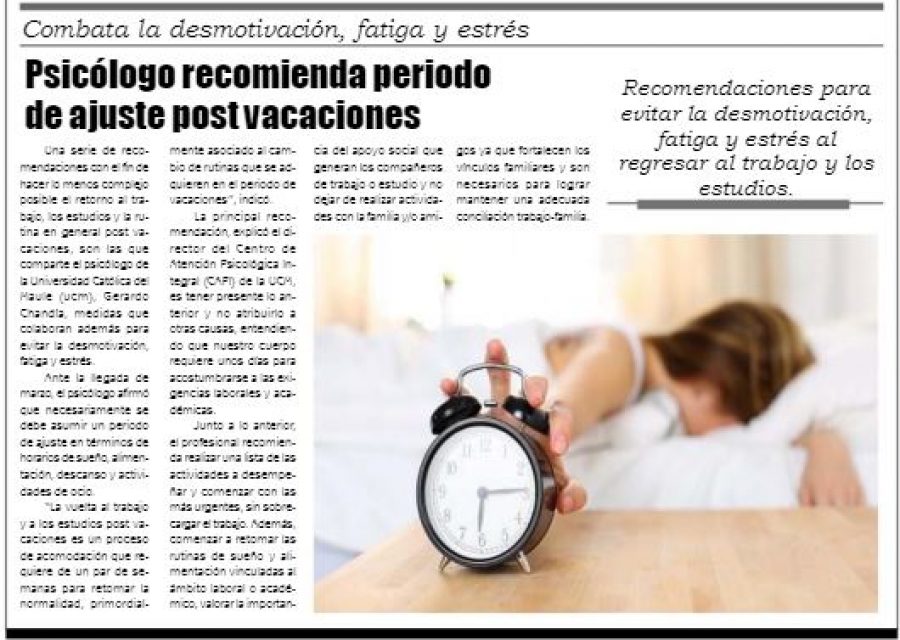 02 de marzo en Diario El Lector: “Psicólogo recomienda periodo de ajuste post vacaciones”