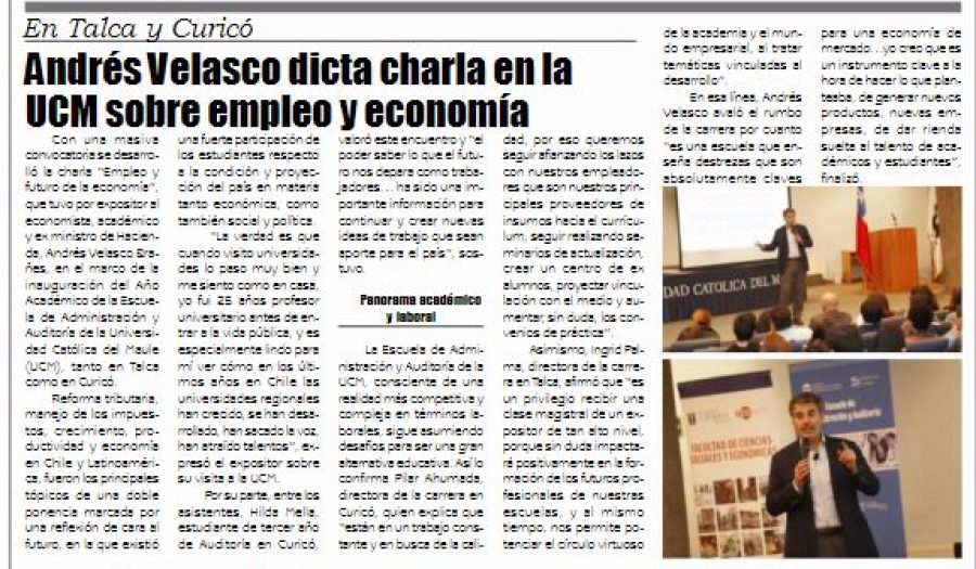 27 de abril en Diario El Lector: “Andrés Velasco dicta charla en la UCM sobre empleo y economía”
