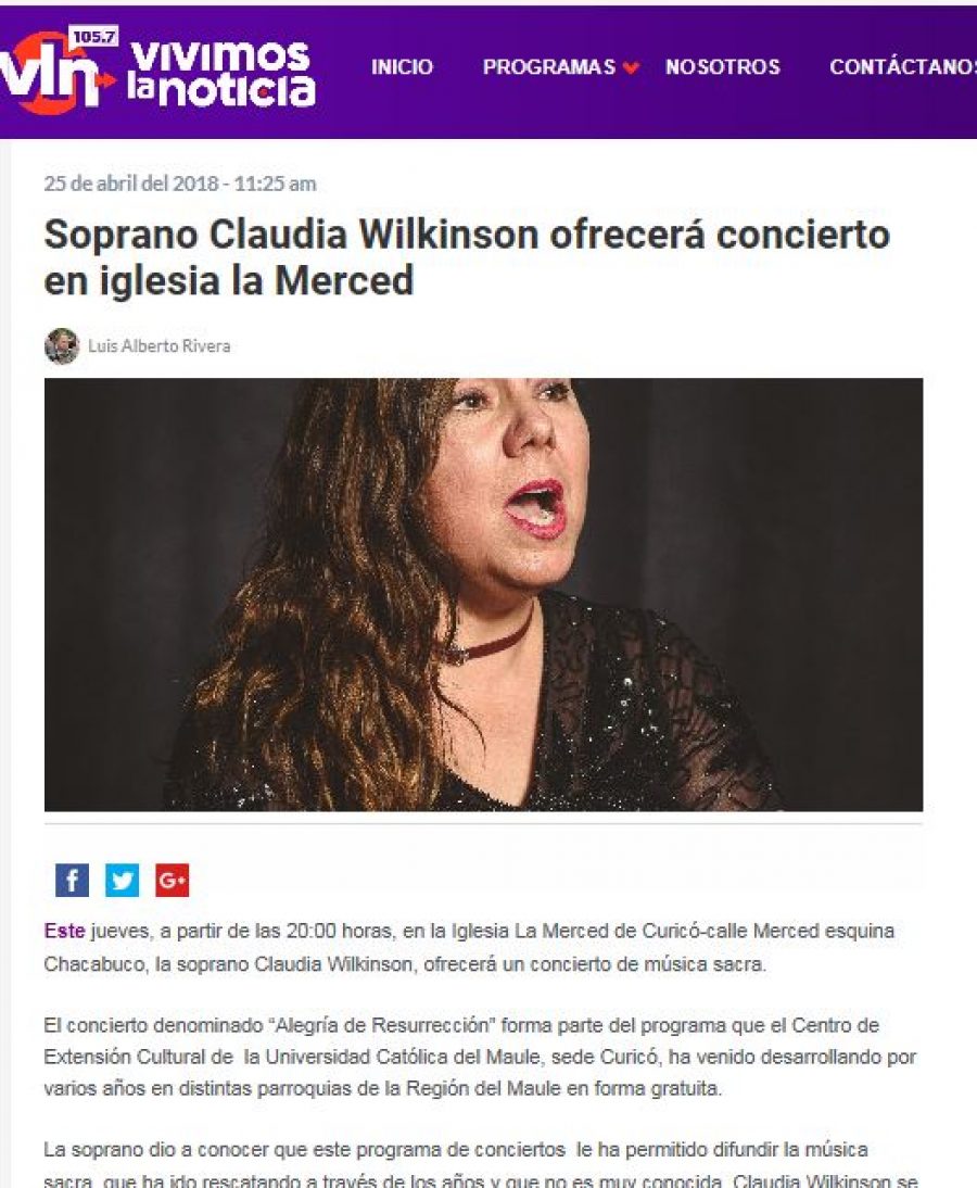 25 de abril en Vivimos La Noticia: “Soprano Claudia Wilkinson ofrecerá concierto en iglesia la Merced”