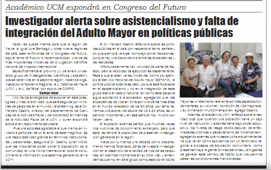 06 de enero 2017 en Diario El Lector: “Investigador alerta sobre asistencialismo y falta de integración del Adulto Mayor en políticas públicas”