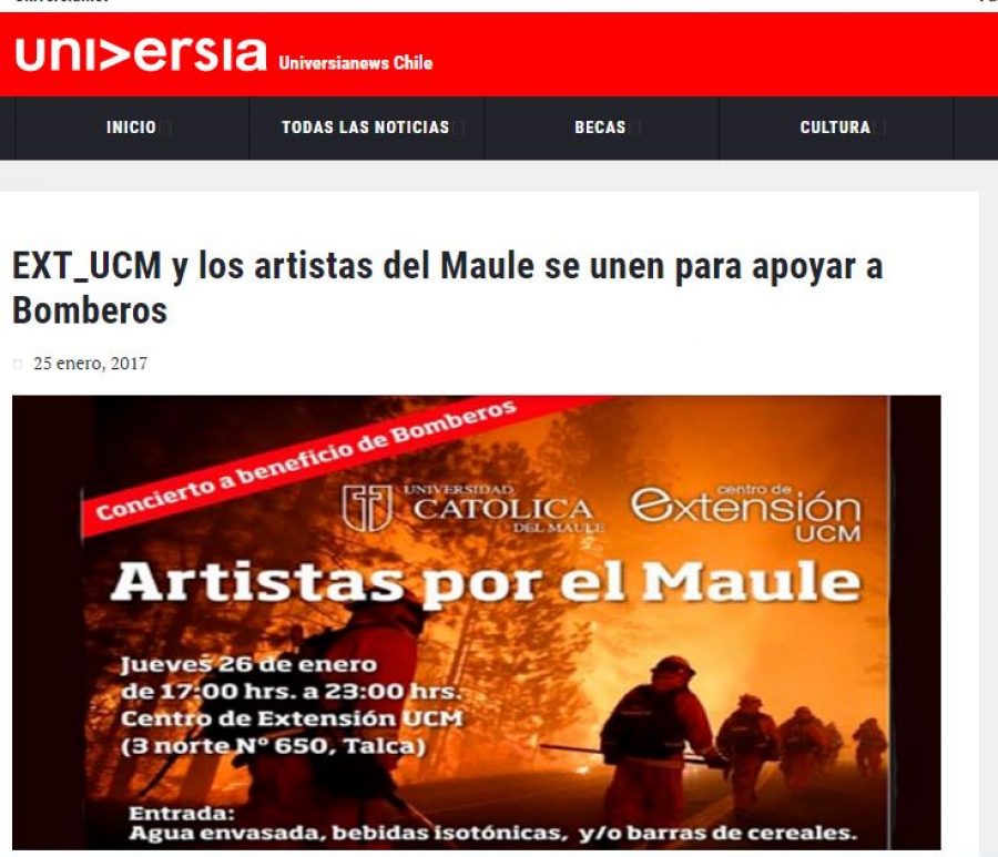 25 de enero de 2017 en Universia: “EXT_UCM y los artistas del Maule se unen para apoyar a Bomberos”