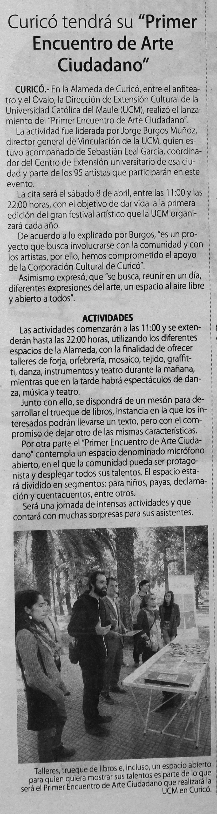 01 de abril en Diario El Centro: “Curicó tendrá su Primer Encuentro de Arte Ciudadano”
