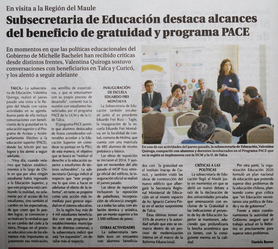 01 de abril en Diario El Centro: “Subsecretaria de Educación destaca alcances del beneficio de gratuidad y programas PACE”