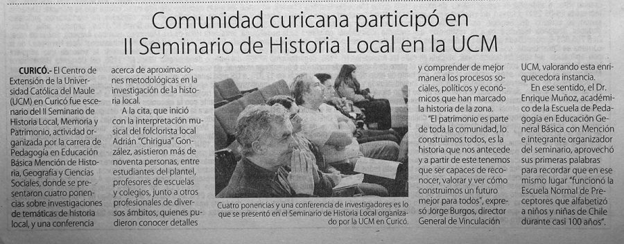 01 de julio en Diario El Centro: “Comunidad curicana participó en II Seminario de Historia Local en la UCM”