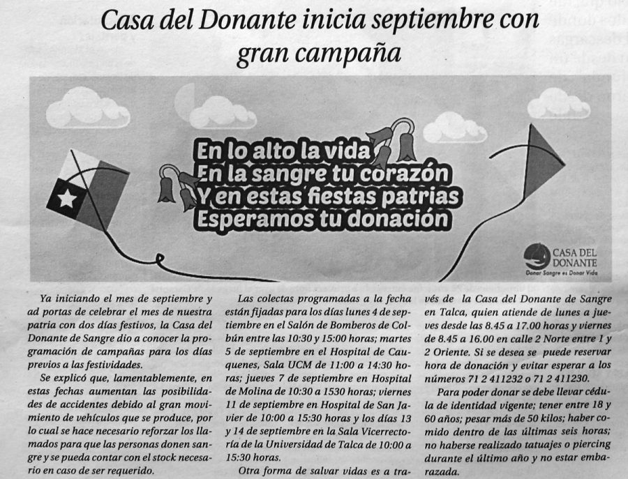 01 de septiembre en Diario El Centro: “Casa del donante inicia septiembre con gran campaña”