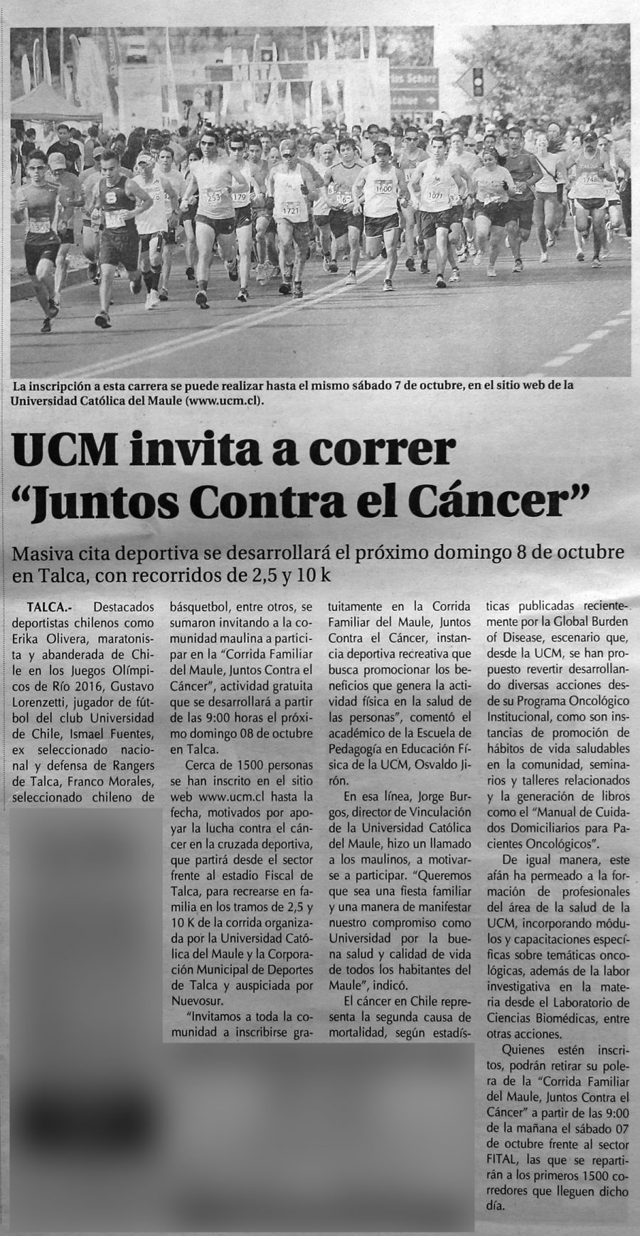 01 de octubre en Diario El Centro: “UCM invita a correr “Juntos contra el Cáncer”