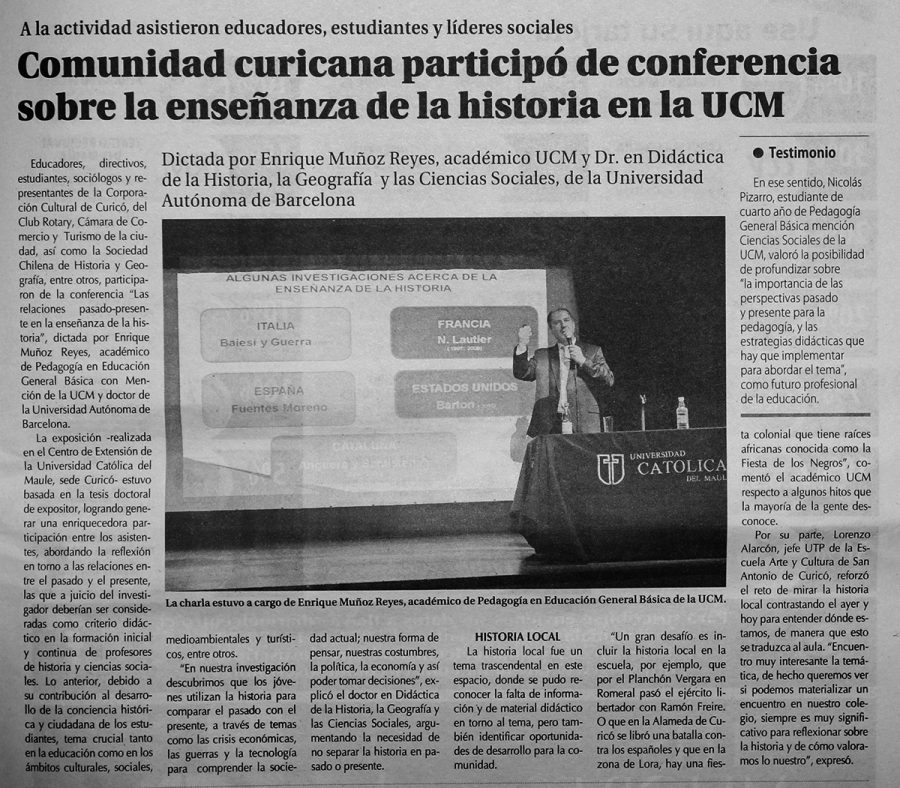 02 de abril en Diario El Centro: “Comunidad curicana participó de conferencia sobre la enseñanza de la historia en la UCM”