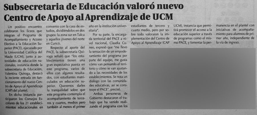 02 de abril en Diario El Centro: “Subsecretaria de Educación valoró nuevo Centro de Apoyo al Aprendizaje de UCM”