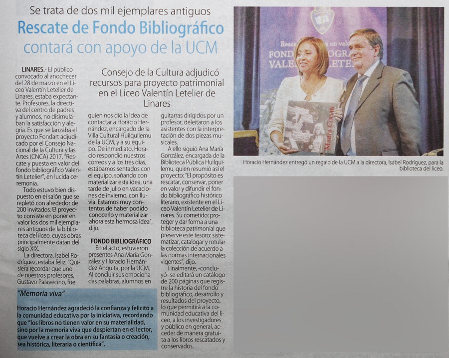 02 de abril en Diario El Centro: “Rescate de Fondo Bibliográfico contará con apoyo de la UCM”