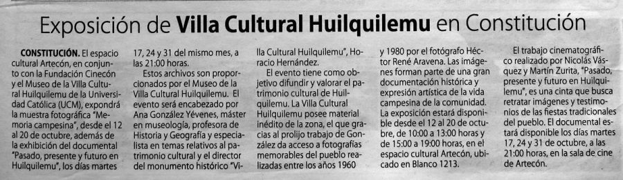 02 de octubre en Diario El Centro: “Exposición de Villa Cultural Huilquilemu en Constitución”