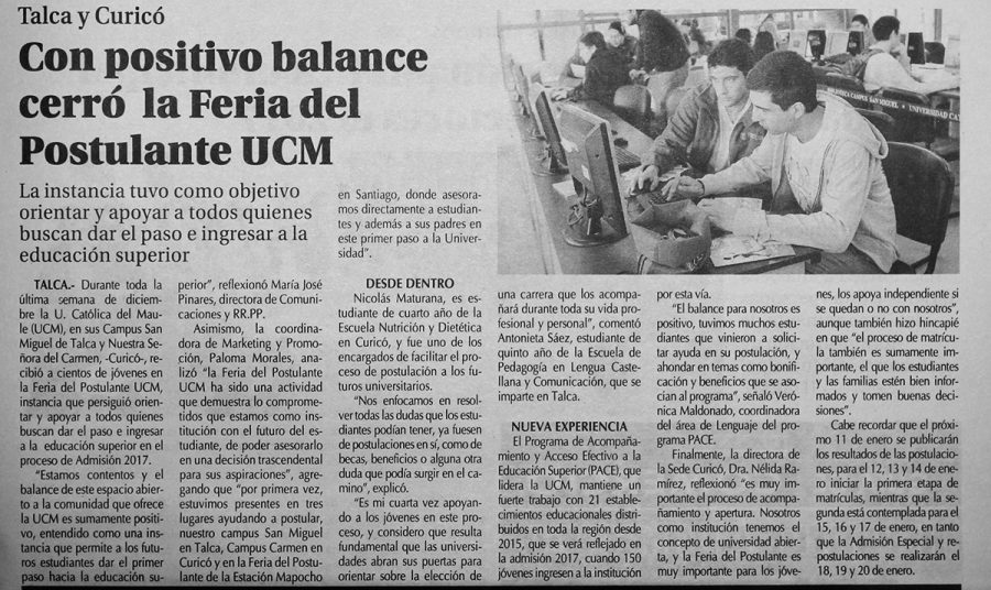 02 de enero 2017 en Diario El Centro: “Con positivo balance cerró Feria del Postulante UCM”