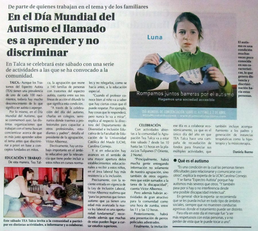 03 de abril en Diario El Centro: “En el Día Mundial del Autismo el llamado es a aprender y no discriminar”