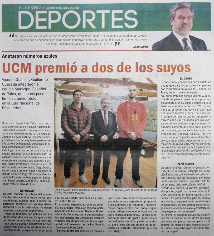 03 de junio en Diario El Centro: “UCM premió a dos de los suyos”