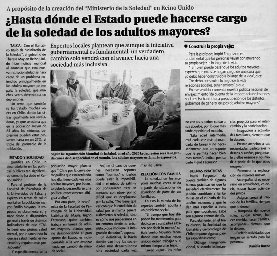 03 de marzo en Diario El Centro: “¿Hasta dónde el Estado puede hacerse cargo de la soledad de los adultos mayores”