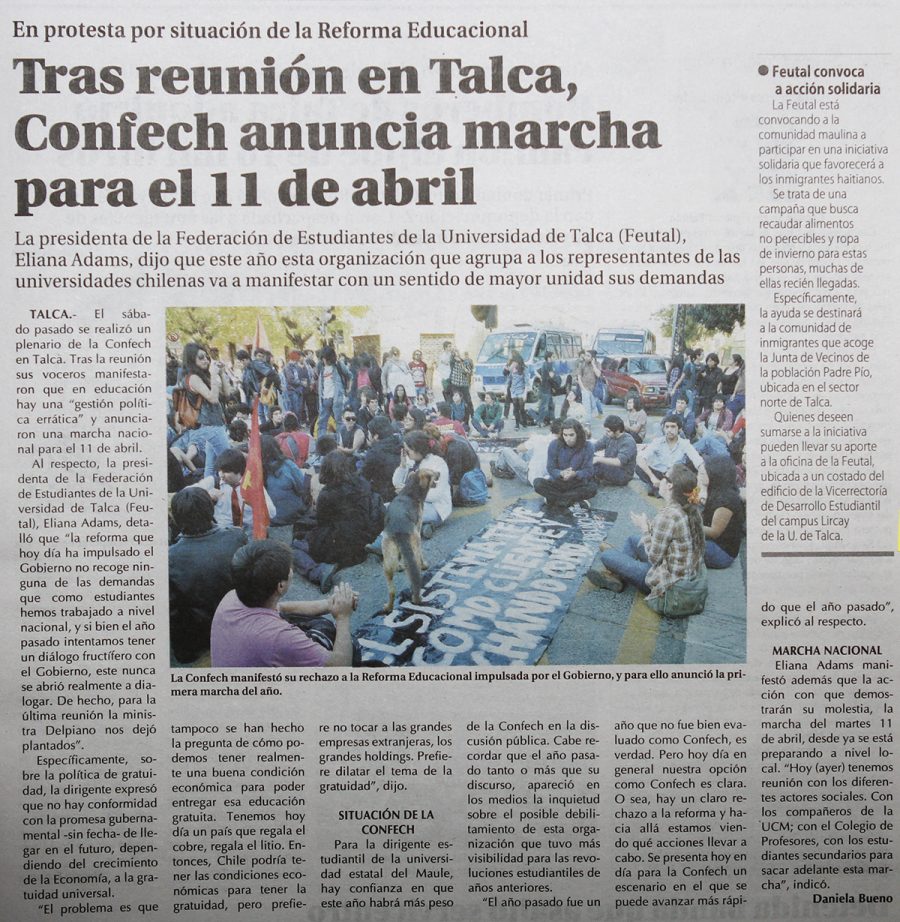 04 de abril en Diario El Centro: “Tras reunión en Talca, Confech anuncia marcha para el 11 de abril”