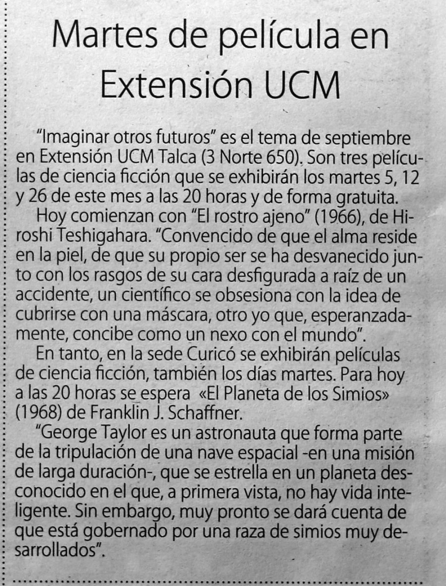 05 de septiembre en Diario El Centro: “Martes de película en Extensión UCM”