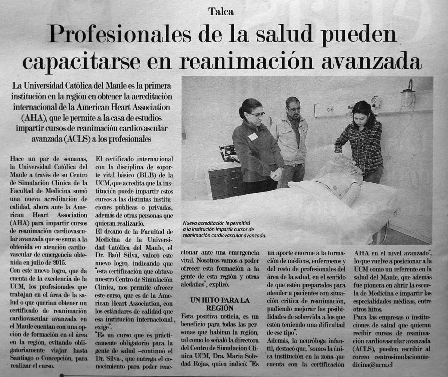 05 de septiembre en Diario El Centro: “Profesionales de la salud pueden capacitarse en reanimación avanzada”