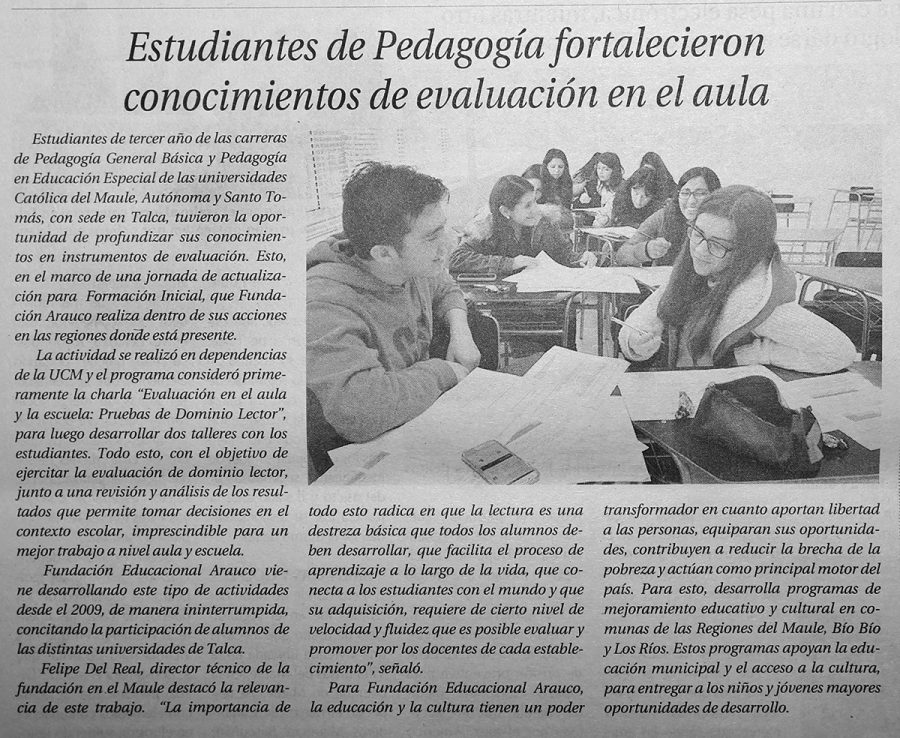 06 de julio en Diario El Centro: “Estudiantes de Pedagogía fortalecieron conocimientos de evaluación en el aula”