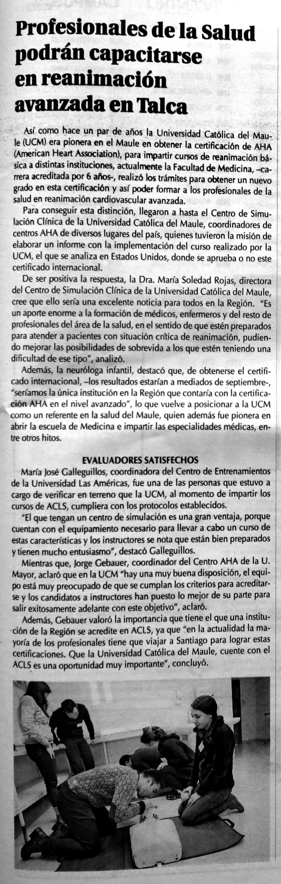 06 de agosto en Diario El Centro: “Profesionales de la salud podrán capacitarse en reanimación en Talca”