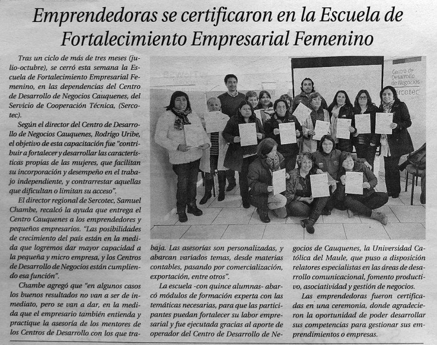 06 de octubre en Diario El Centro: “Emprendedoras se certificaron en la Escuela de Fortalecimiento Empresarial Femenino”