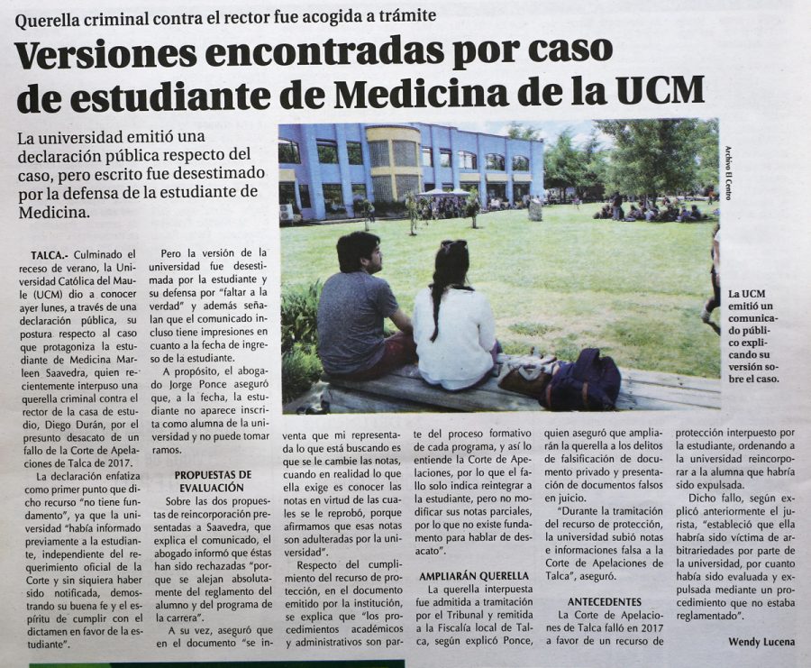 06 de marzo en Diario El Centro: “Versiones encontradas por caso de estudiante de Medicina de la UCM”