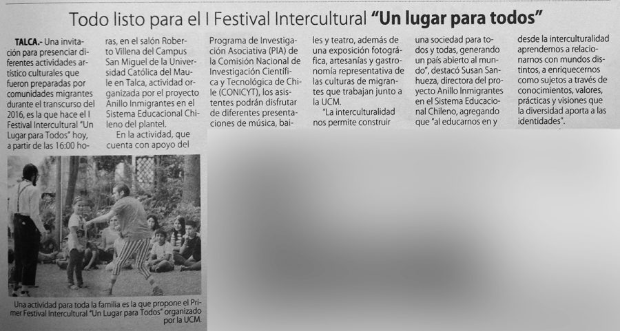 07 de enero 2017 en Diario El Centro: “Todo listo para el I Festival Intercultural “Un lugar para todos”