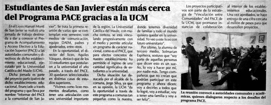 07 de mayo en Diario El Centro: “Estudiantes de San Javier están más cerca del Programa PACE gracias a la UCM”