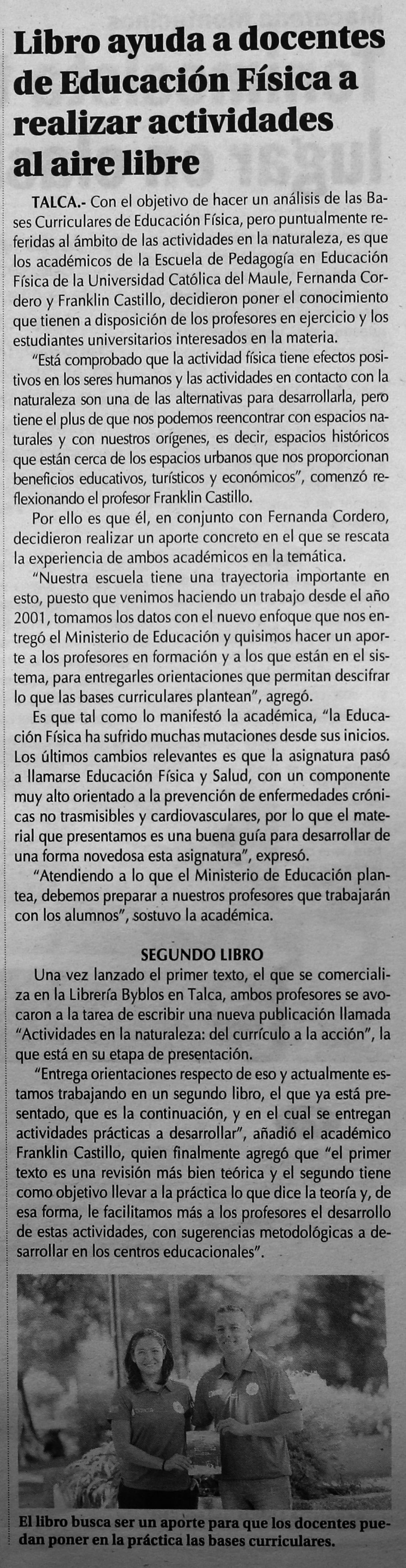 07 de marzo en Diario El Centro: “Libro ayuda a docentes de Educación Física a realizar actividades al aire libre”
