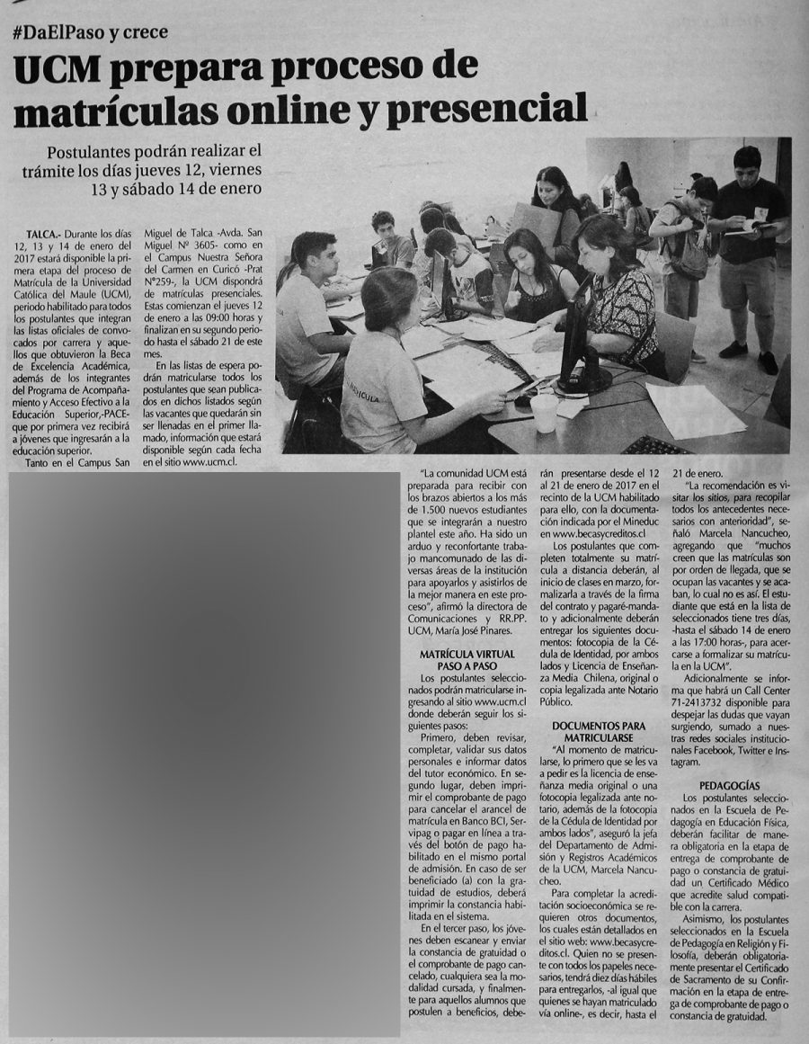 08 de enero 2017 en Diario El Centro: “UCM prepara proceso de matrículas online y presencial”