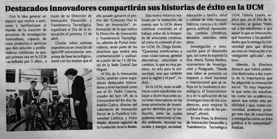 08 de abril en Diario El Centro: “Destacados innovadores compartirán sus historias de éxito en la UCM”