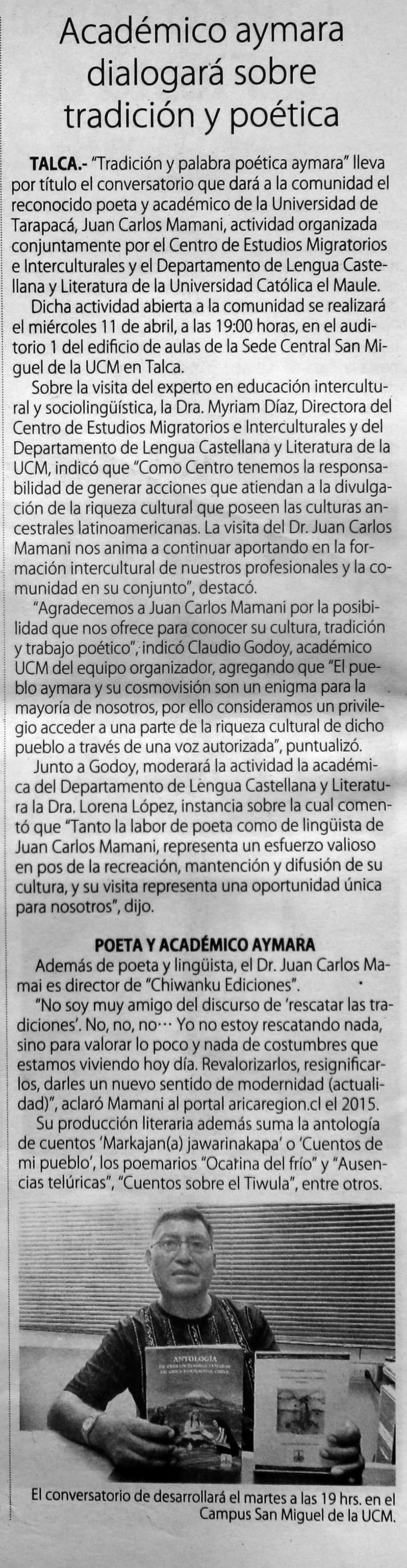 08 de abril en Diario El Centro: “Académico Aymara dialogará sobre tradición y poesía”