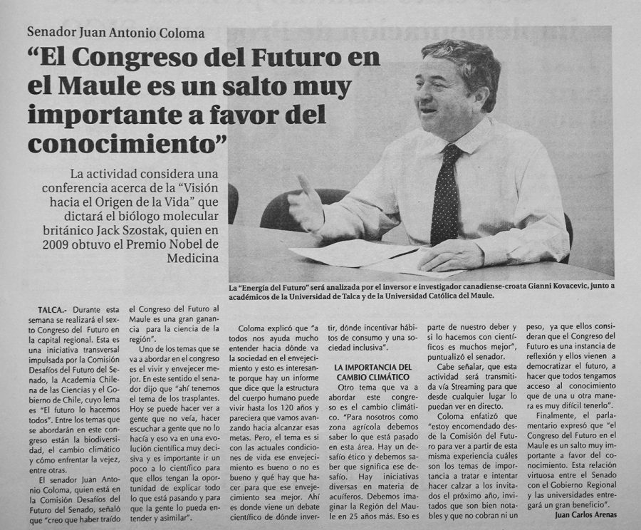 09 de enero 2017 en Diario El Centro: “El Congreso del Futuro en el Maule es un salto muy importante a favor del conocimiento”