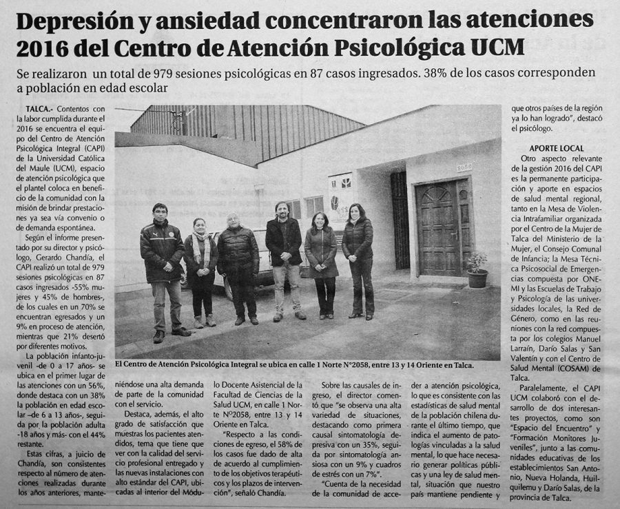 09 de abril en Diario El Centro: “Depresión y ansiedad concentraron las atenciones 2016 del Centro de Atención Psicológica UCM”