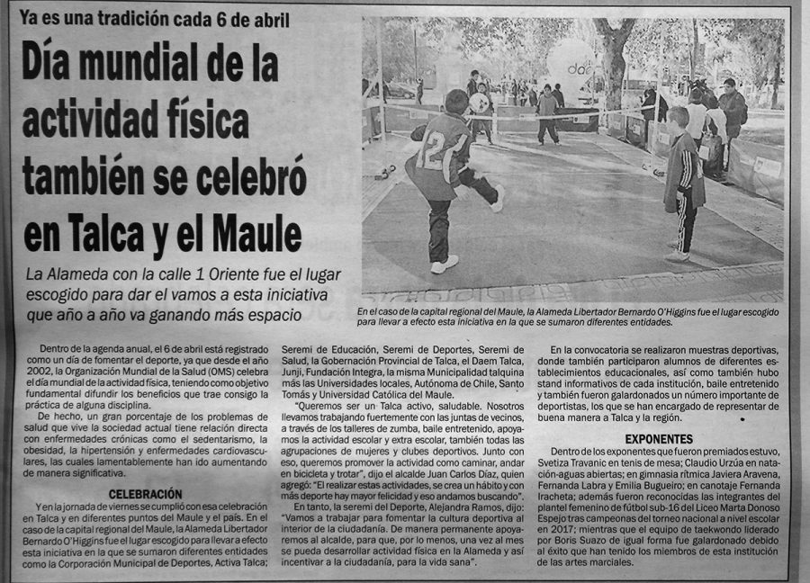 09 de abril en Diario El Centro: “Día mundial de la actividad física también se celebró en Talca y el Maule”