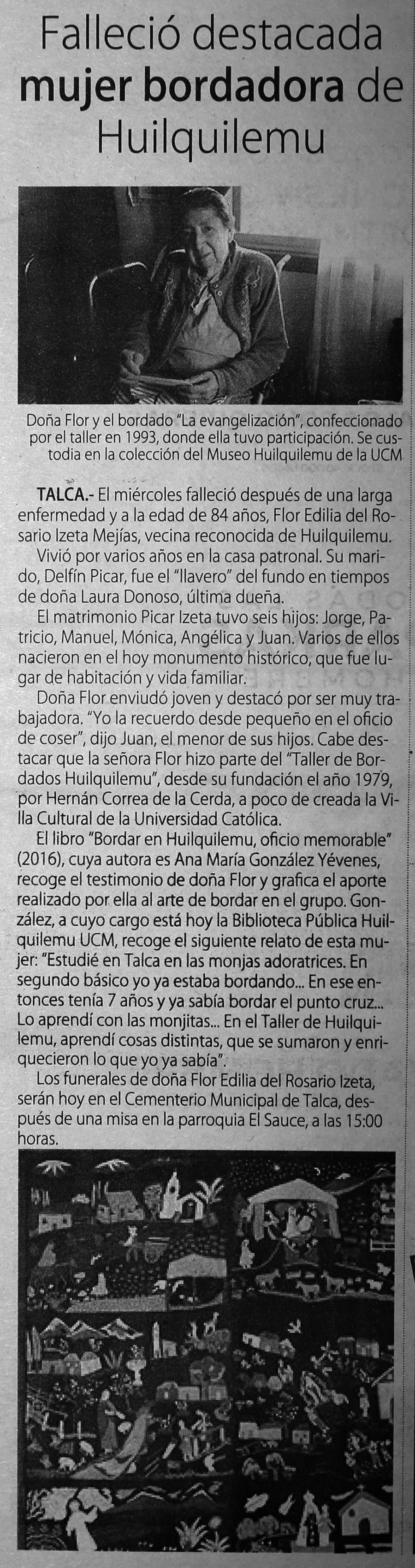 09 de junio en Diario El Centro: “Falleció destacada mujer bordadora de Huilquilemu”