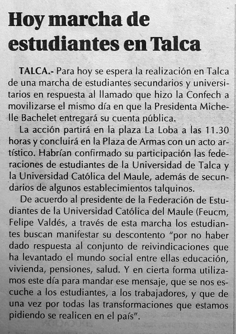 01 de junio en Diario El Centro: “Hoy marcha de estudiantes en Talca”