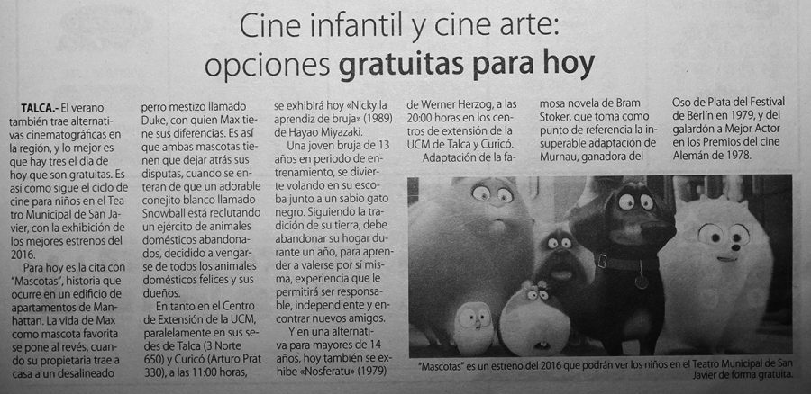 10 de enero 2017 en Diario El Centro: “Cine infantil y cine arte: opciones gratuitas para hoy”